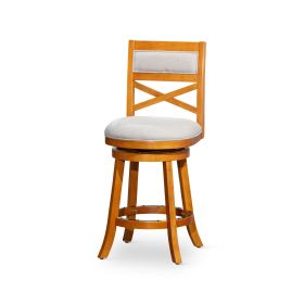 30" Bar Height X-Back Swivel Stool, Natural Finish, Beige Fabric Seat