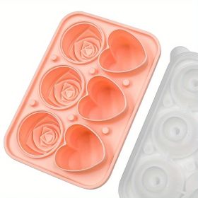 1pc Ice Cube Tray; Rose Flower And Heart Shaped Ice Cube Mold; Food Grade Silicone Ice Ball Maker; Kitchen Tools; Kitchen Supplies (Color: 3 Hearts 3 Roses Ice Tray-Pink)